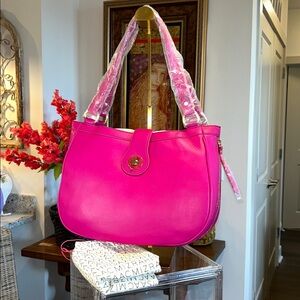 Isaac Mizrahi Fuchsia Leather Shoulder Bag 12.5”x 9.5”x 5” with Twist Lock New